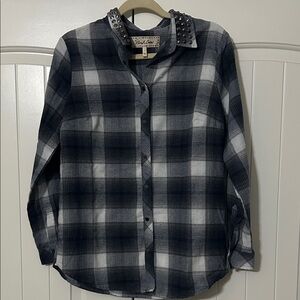 Studded Collar Plaid Button Down Shirt